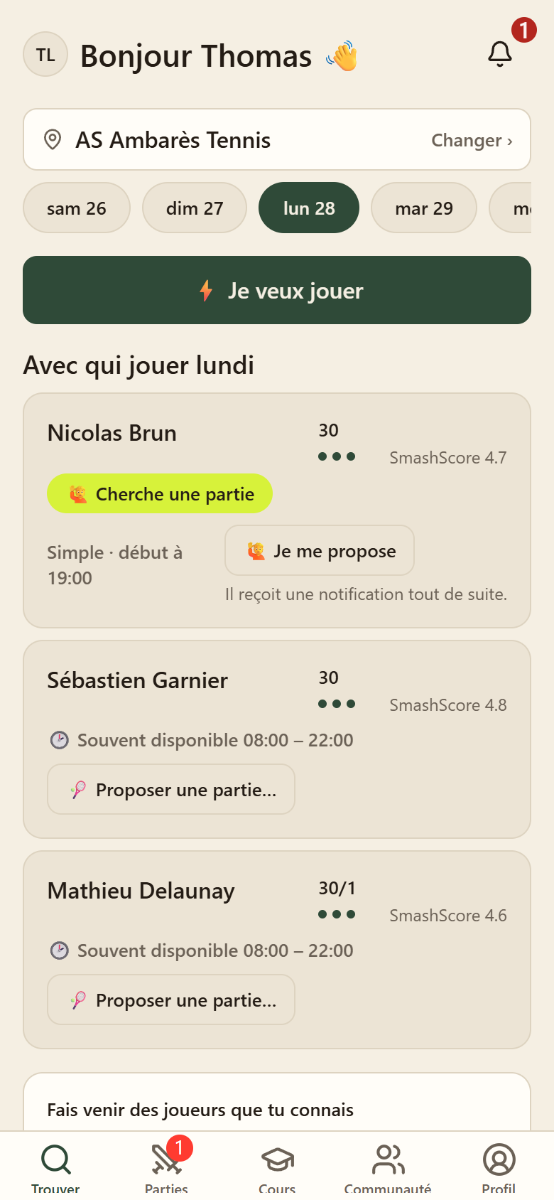 Écran de SmashNow : les joueurs du club disponibles le lundi, avec leur classement.